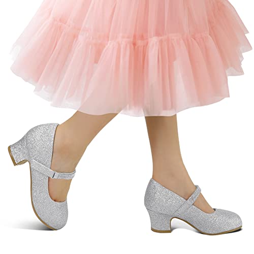 K Komforme Mary Jane Shoes With Low Heel Rhinestones Princess Flats Dress Pump Shoes For Little Kid/Big Kid Silver Glitter thumb #1