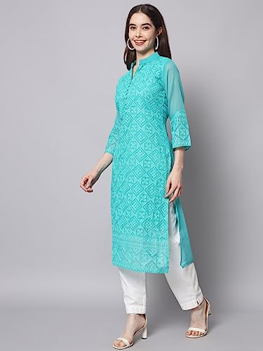 Image of Ekasya Women's Georgette Embroidered Work Kurta with Notch Neck 3 /4 Sleeves Straight Cut Calf Length | E1547