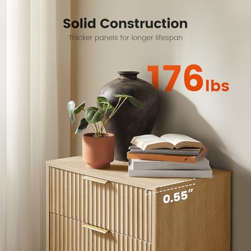 Image of Amada Tall 5 Drawer Dresser, Modern Fluted Vertical Chest with Rounded Corners, Pre-Installed Drawer Slides & Narrow Storage Design for Bedroom or Hallway in Natural Oak