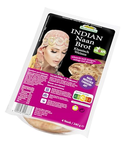 Mestemacher Naan Brot Indisch, vegan, Fladenbrot Tandoori Art, ideal zu Curry, Chutney, BBQ, Salat, für Backofen, Toaster und Grill, 4 Stück, 240 g