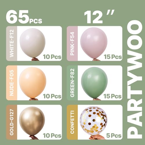 Image of PartyWoo Pink and Green Balloons 65pcs 12 Inch Metallic Gold Sand White Sage Green Nude Dusty Pink Gold Confetti Balloons for Baby Shower Wedding Engagement Princess Birthday Party Decorations