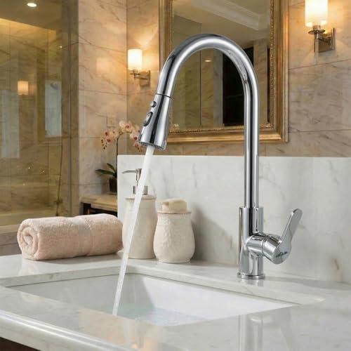 Image of ARQUIN Pull Down Kitchen Faucet 304SS Kitchen Sink Tap Faucet- Hot and Cold with 360 Swivel Deck Mounted Dual Spray Kitchen Tap for Home Sink (Waterfall Pullout Sink Mixer Silver)