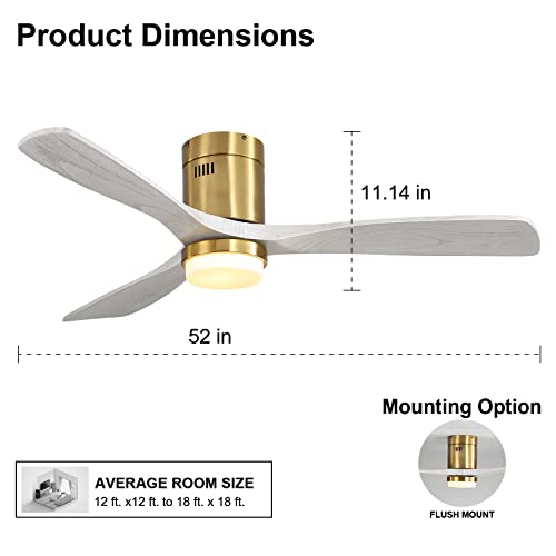 Sofucor 52 Inch Low Profile Ceiling Fan With Light 3 Carved Wood Fan Blade Indoor Outdoor Modern Flush Mount Ceiling Fan Noiseless Reversible Dc Motor Remote Control For Kitchen Bedroom Farmhouse #TOP6