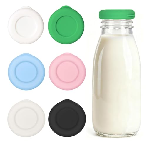 6 Pack Milk Bottle Tops [One Pint NOT 1L] Reusable Silicone Lids for One Pint Milk Glass Bottles Leakproof & Dishwasher Safe Durable Food-Grade Silicone