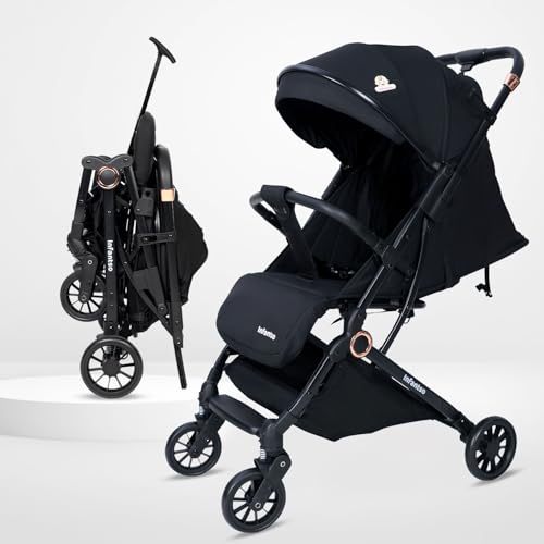 Image of Infantso RIDE-X Premium Baby Stroller / Pram Auto Fold with 5 Points Safety Harness, Multi Level seat Recline & Spacious Cushioned seat, One-Hand Fold and 360 Rotating Wheels, Travel Friendly, Extendable Canopy, Adjustable Footrest, Shock Absorption Wheels, Lightweight Stroller for 0 to 3 Years (Black)