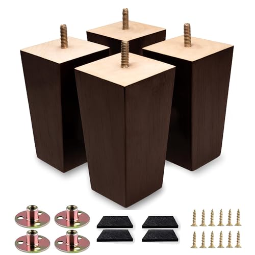 Txcucc Sofa Legs Square Bed Feet 6 inch Wood Replacement Leg for Furniture Set of 4, Dark Brown （6inch）