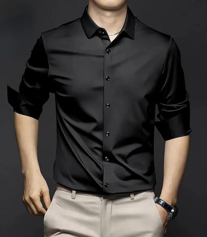 Image of DEELMO Combo of Men's Stylish Solid Satin Casual Shirt for Men Full Sleeves| Poly Satin Silk Shirt Pack of 2