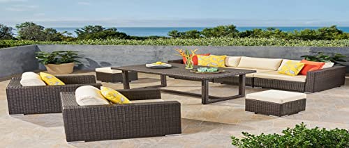 Image of DEVOKO 6-Piece Outdoor Patio Dining Sectional Sofa Set with Table & Chairs, All-Weather Wicker Conversation Set Ottoman for Backyard, Garden (Dark Brown & Cream)