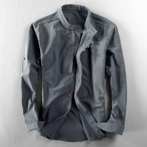 Camisa de lino informal corte entallado primavera cuello mandarín 7