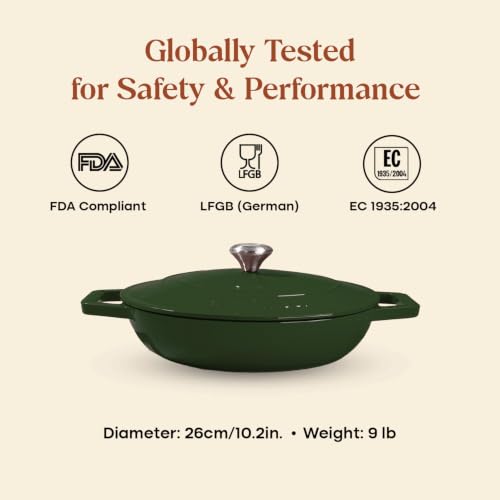 Image of CUMIN CO. Cast Iron Braiser | 26cm, 2.5L (Serves 5-6) | Non Toxic Cooking Pot with Lid | Patented Enamel Coating | FDA Compliant | Induction & Oven Safe | Green