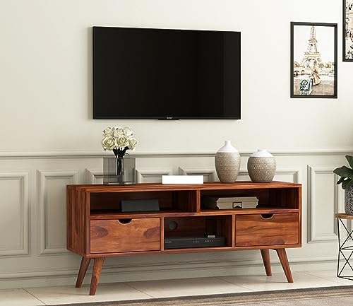 Image of Sheesham Wood TV Unit with 2 Drawers and 3-Shelf Storage - Perfect for Living Room - Fits up to 50-Inch TV (Medora, Honey Finish)