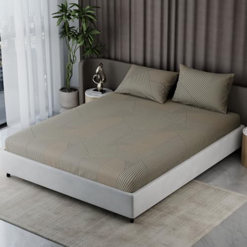 Image of BLISSHOME Everlast 150TC King Size Fitted Bedsheet with 2 Pillow Covers, Aesthetic Bedding, Wrinkle Resistant, 100+ Wash Durable, Quick Dry, Geometric Pattern - Beige (183cm x 198cm + 25cm Drop)