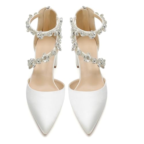 Women's Closed Pointed Toe Pumps Wedding Low Block Heel with Rhinestone Ankle Strap Chunky Heels Prom Evening Party Dress Shoes for Bride4