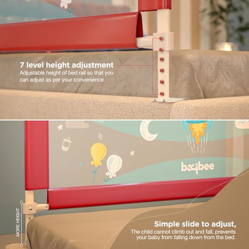 Image of BAYBEE Baby Bed Rails Guard Kids Safety (150x63 cm) | Portable Bed Rail Falling Protector Fence with 7 Adjustable Heights | Foldable BedRail for Newborn Boys Girls (Pack-2, Red)