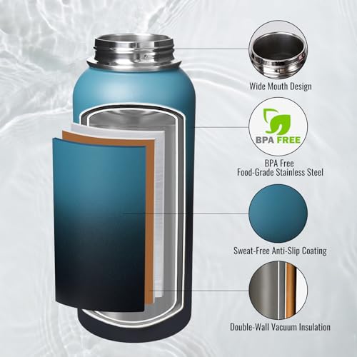 Image of Fijinhom Insulated Water Bottle with Handle, 304 Stainless Steel Water Bottles with Wide Mouth, Double Wall Vacuum Sports Water Bottle, BPA Free, Keep Cold and Hot, 32 Ounces Blue&Black