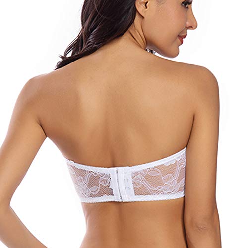 Bandeau Bra For Women Floral Lace Bralette Seamless Tube Top Strapless Padded Chest Wrap Basic Layer With Clear Strap (White, Large) #TOP2