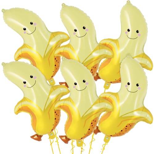 AIQINHU 6 Pcs Cute Banana Foil Balloons 28 Inch Large Cute Fruit Mylar Balloons for Banana Themed Party Decoration Birthday Baby Shower