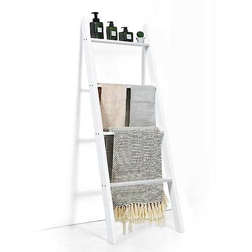 GIANTEX Scala Porta Asciugamani in Legno a 4 Livelli, Moderno Scala a Pioli con 4 Barre per Bagno, Camera da Letto, 137x50x7,5 cm, Bianco