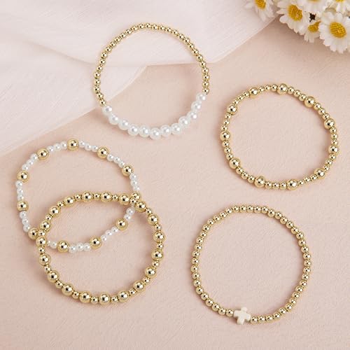 HUASAI Trendy Gold Beaded Bracelet Stack for Women - Non-Tarnish Chunky Stretch Paperclip and Pearl Jewelry Set - Image 7