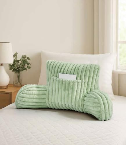 Cuddle Pillow with Arms Ultra Soft Ribbed Style Backrest Cushion Supportive Bed Rest Pillow with Pocket Cozy Fleece Cushion for Sitting Up in Bed and Sofa While Relaxing Reading (Sage green)