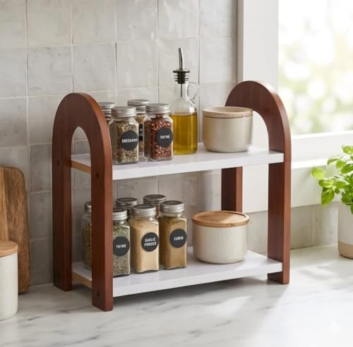 Image of FireBees 2 Tier Kitchen Counter Organizer, Wooden Kitchen Organizer Rack for Spices & Storage, Kitchen Shelf Organiser Stand, Masala Organizer Rack, Aesthetic Kitchen Organizer Items 33 x 16 x 25 cm