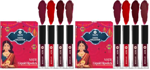 Image of Noy Liquid Matte Festival Pack 4 Vibrant Lipstick Colors Wine, Red, Coffee Wine, Maroon Shades (Pack of 2)