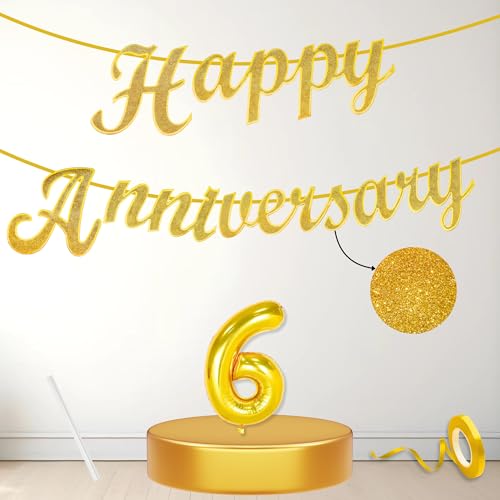 Image of Flyloons 6th Happy Anniversary Banner Gold Decorations Kit for Men Women Wedding Anniversary Banner Items without Balloons