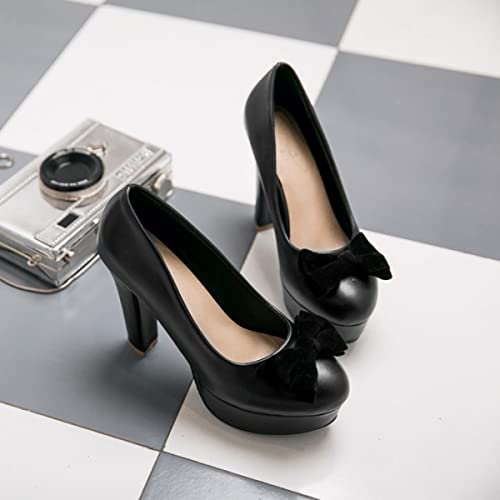 HuangTaiJi Qing Women's Cute Bow-Knot Platform High Heeled Pumps, Sweet Round Toe Slip on Dress Shoes for Party2