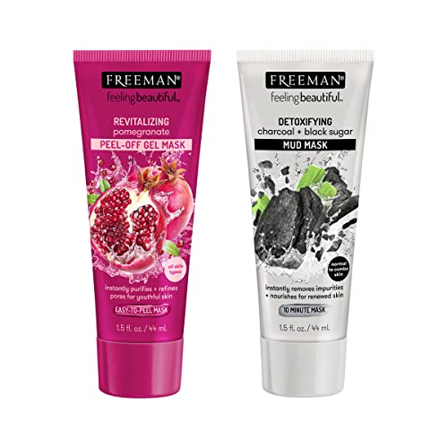 FREEMAN Limited Edition Pomegranate Peel-Off Facial Mask & Charcoal Black Sugar Mud Facial Mask Duo, Detoxifying, Removes Impurities & Hydrates Skin, Gift Set, 2 Count, 1.5 fl.oz./44 mL Tubes