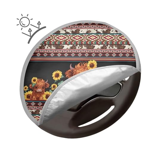 Image of Aztec Highland Cow Car Steering Wheel Cover Sun Shade Reflect UV Sun and Heat Auto Interior Protector Easy Installation Universal Steering Wheel Cover for Car Truck SUV Van 17 inch
