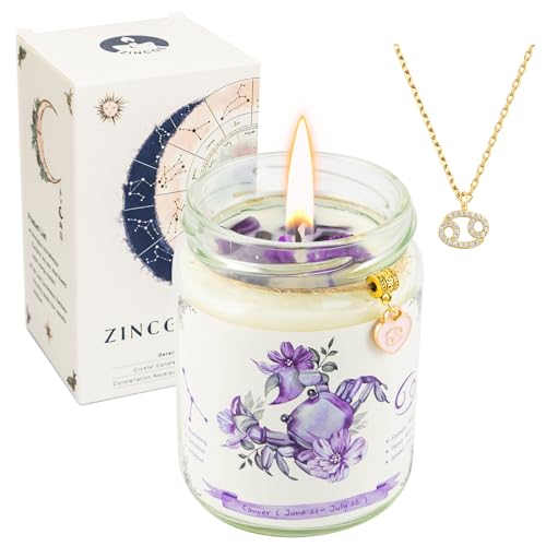 Cancer Zodiac Gift Set for Women,ZINCGE Cancer Soy Scented Candle, Cancer Necklace Pendant for Women, Zodiac Sign Crystal Candle Gifts Set,June July Astrology Gifts, Birthday Candle Gift Set