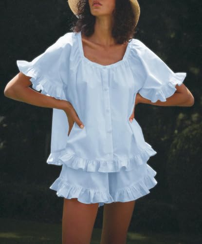 Image of Womens Fashion Summer Short Sets Short Sleeve Button Down Ruffle Trim Top and Shorts Cotton Pajama Sets