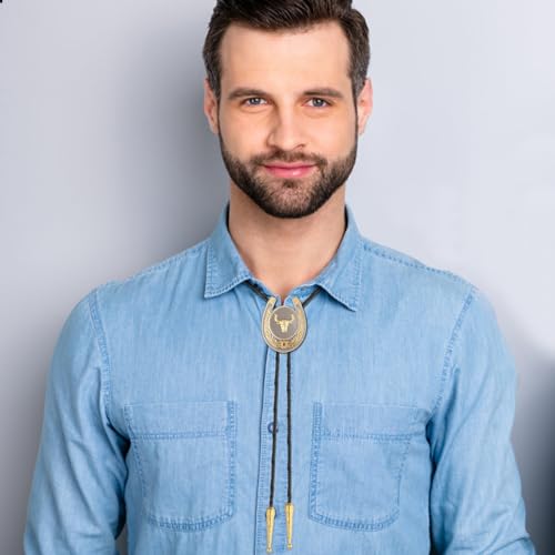Image of HUABOLA CALYN Bolo Tie for Men- Western Cowboy Native American Golden Horse Bolo Tie