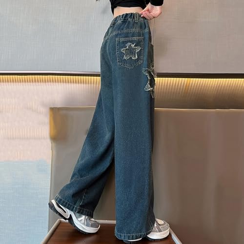 Viatabuna Girls Wide Leg Star Jeans Elastic Waist Cute Embroidery Baggy Pull On Jeans for Kids with Pockets 5-14 Years2