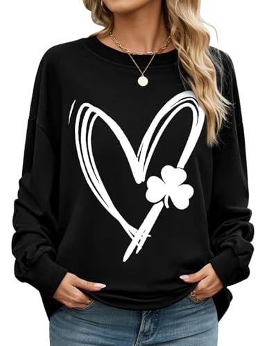 CMTOP Sweat Femme sans Capuche Sweat-Shirt Chic Imprimé Uni Sweatshirt à Manches Longues Col Rond Pull Printanier Automne Elegant Décontractée Pullover Ample à Ourlet Côtelé(Noir-B, XL)