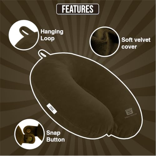 Image of CRAE Travel Neck Pillow for Men & Women | Soft Fibre Cushion for Flight, Car & Train | Soft Velvet Fabric with Attachable Snap Strap | Cervical Support for Neck Pain Relief.Pack of 1(Brown)