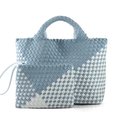 Image of Woven Bag for Women, Neoprene Tote Bag Summer Beach Handbag Purse Retro Handmade Travel Shoulder Bag Set