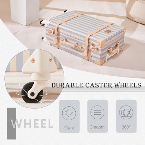 Image of UNIWALKER Vintage Carry on Luggage Set, 2 Piece Retro Spinner Trunk Suitcase with Cosmetic Train Case for Women, 20 inch+12 inch, Blue Strip