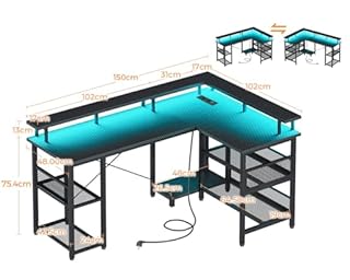 ODK Bureau Gaming avec LED, Bureaux Gaming Réversible avec 2 Prises et 2 Ports USB, Grand Bureau d'angle avec Étagère en Maille, Noir Carbone150×102 cm