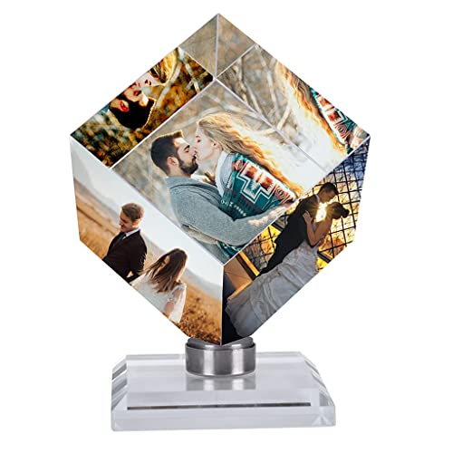 Personalised Cube Crystal Photo Frame with Base Laser Engraved Printing Custom DIY Picture Image Cube 3D Room Decor Birthday Wedding Christmas Valentine's Mother's Father's Day Memorial Gift
