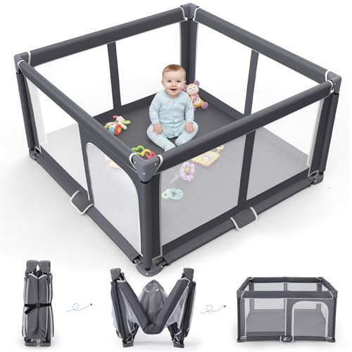 Image of Foldable Baby Playpen - 50"x50" Safety Play Yard for Babies & Toddlers - Indoor & Outdoor Use with Carry Bag - Collapsible, Portable Play Yard, Dark Gray
