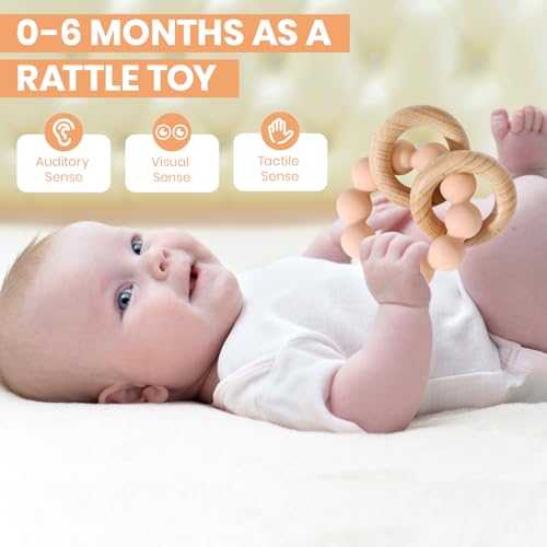Image of Socub Baby Teething Toys for 0-6 6-12 Months- BPA-Free Food-Grade Silicone & Natural Beech Wood Teether Ring for Newborn Infants Teething Relief- Easy-Grip Sensory Rattle Toys(Blush)