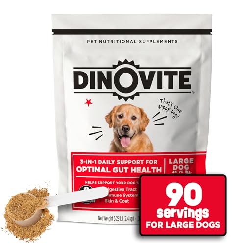 Dinovite Probiotics for Dogs, Probiotic Powder Food Topper for Large Dogs (45+ lb), Daily Digestive Health & Skin Support with Omega-3s, 90 Servings