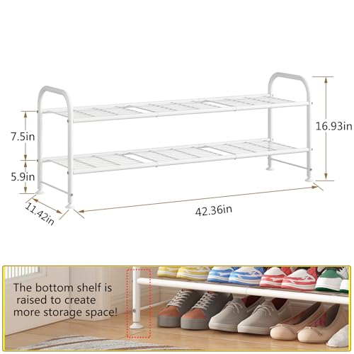 Image of LINZINAR Shoe Rack Long 2 Tier Shoe Storage Organizer Metal Wide Shoe Shelf for Closet Entryway Bedroom 18 Paris Large Capacity, White