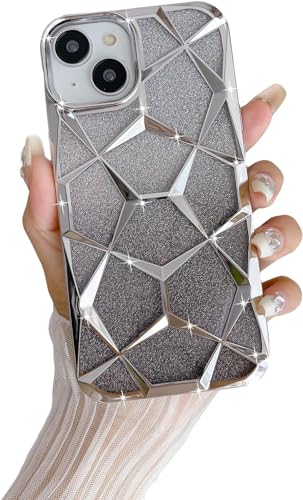Image of VONZEE Gradient Glitter Case for iPhone 14 6.1'', Luxury Electroplated 3D Cube, Diamond Bling Shiny Soft TPU Clear Shockproof Women Girls Protective Phone Cover (Silver)