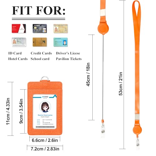Image of Conisy ID Badge Holder with Retractable Lanyard, Vertical PU Leather ID Badge Card Holder with 2 Card Slots for Women Men (ID Badge Holder Orange)