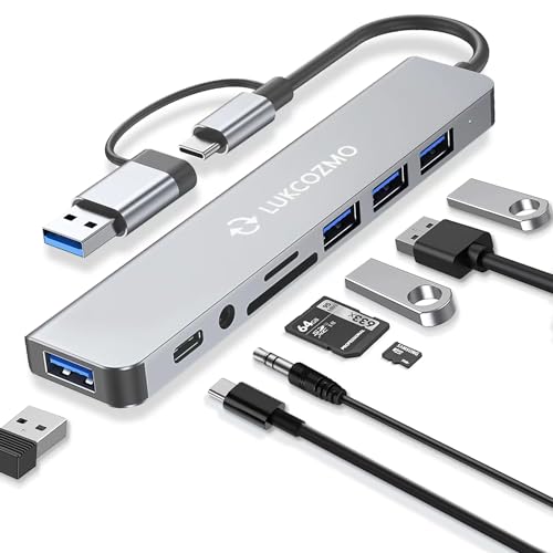 Image of 7 in 1 USB C Hub with USB 3.0 Splitter, 4 USB Ports & SD /TF Card Reader | Compatible with MacBook, iPad Pro, Dell, HP Laptops, Audio Output, Plug and Play, No Driver Needed, Aluminum Alloy Housing