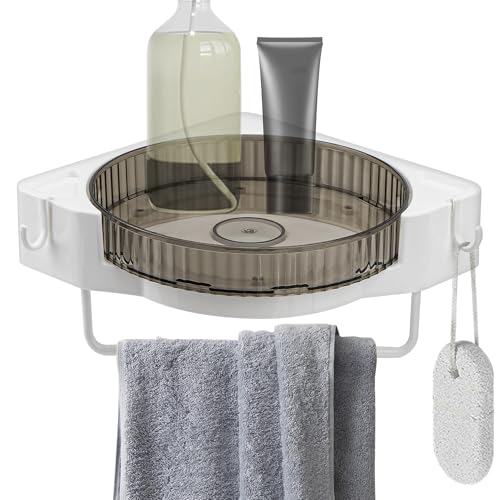 DODAMOUR 360° Rotating Corner Shower Caddy, No Drill Adhesive Turntable Shelf, Spinning Bathroom Organizer Rack with Towel Bar & Hooks for Shampoo Makeup Kitchen Spice (Grey)