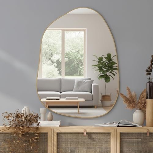 Image of 12x18 Inch Gold Irregular Asymmetrical Wall Mirror - Modern Plastic Frame, Decorative Wall-Mounted Mirror for Bathroom, Bedroom, Living Room & Entryway(Gold, Pebble)