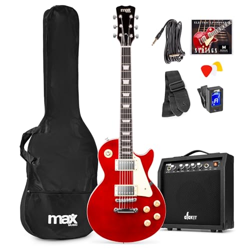 Max GigKit SC - Guitarra Eléctrica Estilo single cut para principiantes o profesionales. Pastillas Humbucker, afinador digital, funda de guitarra, correa, cuerdas de repuesto, púas. color Rojo